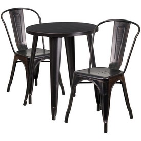Commercial Grade 24" Round Black-Antique Gold Metal Indoor-Outdoor Table Set with 2 Cafe Chairs, CH-51080TH-2-18CAFE-BQ-GG