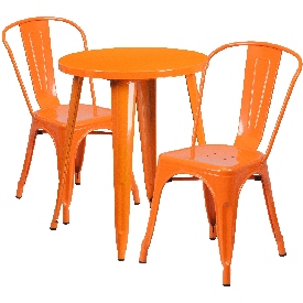 Commercial Grade 24" Round Orange Metal Indoor-Outdoor Table Set with 2 Cafe Chairs, CH-51080TH-2-18CAFE-OR-GG