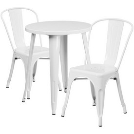 Commercial Grade 24" Round White Metal Indoor-Outdoor Table Set with 2 Cafe Chairs, CH-51080TH-2-18CAFE-WH-GG