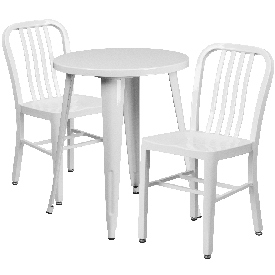 Commercial Grade 24" Round White Metal Indoor-Outdoor Table Set with 2 Vertical Slat Back Chairs, CH-51080TH-2-18VRT-WH-GG