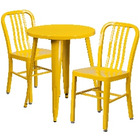 Commercial Grade 24" Round Yellow Metal Indoor-Outdoor Table Set with 2 Vertical Slat Back Chairs, CH-51080TH-2-18VRT-YL-GG