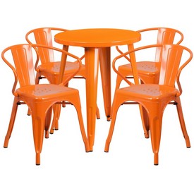 Commercial Grade 24" Round Orange Metal Indoor-Outdoor Table Set with 4 Arm Chairs, CH-51080TH-4-18ARM-OR-GG