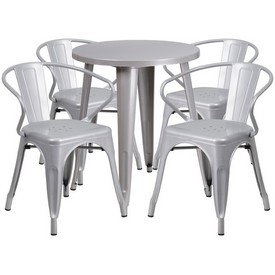 Commercial Grade 24" Round Silver Metal Indoor-Outdoor Table Set with 4 Arm Chairs, CH-51080TH-4-18ARM-SIL-GG