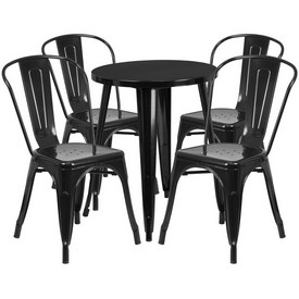 Commercial Grade 24" Round Black Metal Indoor-Outdoor Table Set with 4 Cafe Chairs, CH-51080TH-4-18CAFE-BK-GG