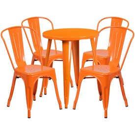 Commercial Grade 24" Round Orange Metal Indoor-Outdoor Table Set with 4 Cafe Chairs, CH-51080TH-4-18CAFE-OR-GG