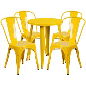 Commercial Grade 24" Round Yellow Metal Indoor-Outdoor Table Set with 4 Cafe Chairs, CH-51080TH-4-18CAFE-YL-GG