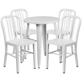 Commercial Grade 24" Round White Metal Indoor-Outdoor Table Set with 4 Vertical Slat Back Chairs, CH-51080TH-4-18VRT-WH-GG
