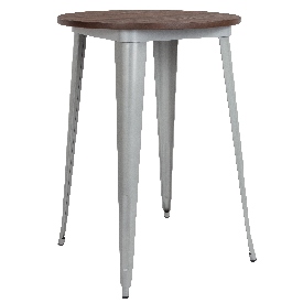 30" Round Silver Metal Indoor Bar Height Table with Walnut Rustic Wood Top, CH-51090-40M1-SIL-GG