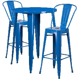 Commercial Grade 30" Round Blue Metal Indoor-Outdoor Bar Table Set with 2 Cafe Stools, CH-51090BH-2-30CAFE-BL-GG