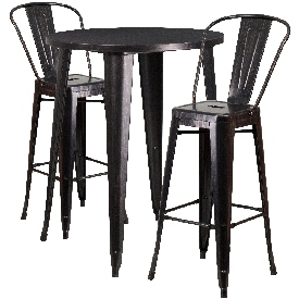 Commercial Grade 30" Round Black-Antique Gold Metal Indoor-Outdoor Bar Table Set with 2 Cafe Stools, CH-51090BH-2-30CAFE-BQ-GG