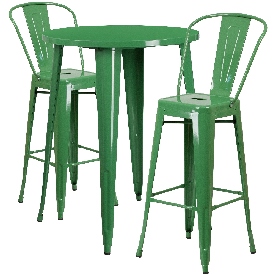 Commercial Grade 30" Round Green Metal Indoor-Outdoor Bar Table Set with 2 Cafe Stools, CH-51090BH-2-30CAFE-GN-GG