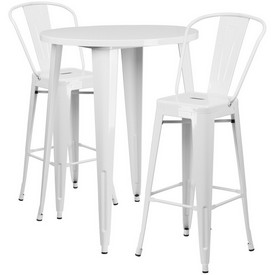 Commercial Grade 30" Round White Metal Indoor-Outdoor Bar Table Set with 2 Cafe Stools, CH-51090BH-2-30CAFE-WH-GG