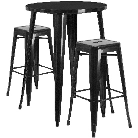 Commercial Grade 30" Round Black Metal Indoor-Outdoor Bar Table Set with 2 Square Seat Backless Stools