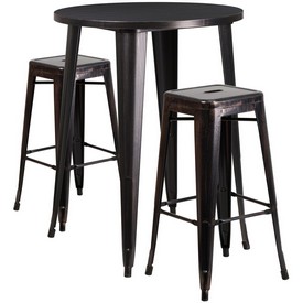 Commercial Grade 30" Round Black-Antique Gold Metal Indoor-Outdoor Bar Table Set with 2 Square Seat Backless Stools, CH-51090BH-2-30SQST-BQ-GG