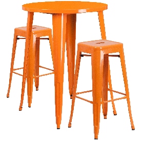 Commercial Grade 30" Round Orange Metal Indoor-Outdoor Bar Table Set with 2 Square Seat Backless Stools