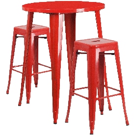 Commercial Grade 30" Round Red Metal Indoor-Outdoor Bar Table Set with 2 Square Seat Backless Stools, CH-51090BH-2-30SQST-RED-GG