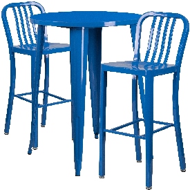Commercial Grade 30" Round Blue Metal Indoor-Outdoor Bar Table Set with 2 Vertical Slat Back Stools, CH-51090BH-2-30VRT-BL-GG