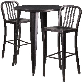 Commercial Grade 30" Round Black-Antique Gold Metal Indoor-Outdoor Bar Table Set with 2 Vertical Slat Back Stools, CH-51090BH-2-30VRT-BQ-GG