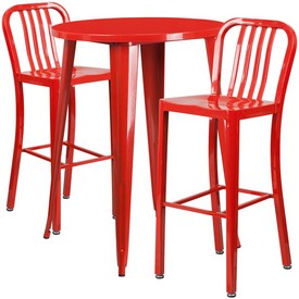 Commercial Grade 30" Round Red Metal Indoor-Outdoor Bar Table Set with 2 Vertical Slat Back Stools, CH-51090BH-2-30VRT-RED-GG