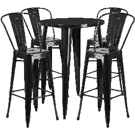 Commercial Grade 30" Round Black Metal Indoor-Outdoor Bar Table Set with 4 Cafe Stools, CH-51090BH-4-30CAFE-BK-GG