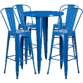 Commercial Grade 30" Round Blue Metal Indoor-Outdoor Bar Table Set with 4 Cafe Stools, CH-51090BH-4-30CAFE-BL-GG