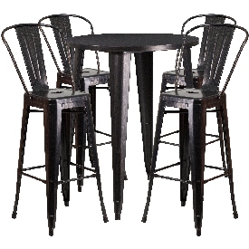 Commercial Grade 30" Round Black-Antique Gold Metal Indoor-Outdoor Bar Table Set with 4 Cafe Stools, CH-51090BH-4-30CAFE-BQ-GG
