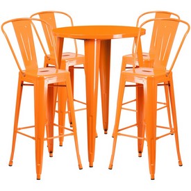 Commercial Grade 30" Round Orange Metal Indoor-Outdoor Bar Table Set with 4 Cafe Stools, CH-51090BH-4-30CAFE-OR-GG
