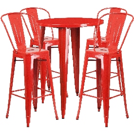Commercial Grade 30" Round Red Metal Indoor-Outdoor Bar Table Set with 4 Cafe Stools, CH-51090BH-4-30CAFE-RED-GG