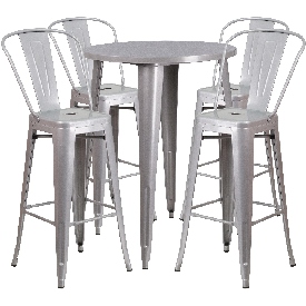 Commercial Grade 30" Round Silver Metal Indoor-Outdoor Bar Table Set with 4 Cafe Stools, CH-51090BH-4-30CAFE-SIL-GG