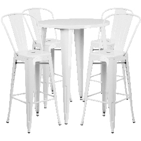 Commercial Grade 30" Round White Metal Indoor-Outdoor Bar Table Set with 4 Cafe Stools, CH-51090BH-4-30CAFE-WH-GG