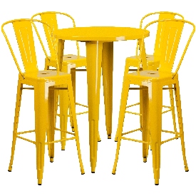 Commercial Grade 30" Round Yellow Metal Indoor-Outdoor Bar Table Set with 4 Cafe Stools, CH-51090BH-4-30CAFE-YL-GG