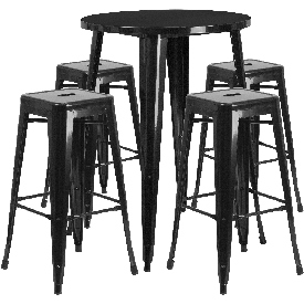 Commercial Grade 30" Round Black Metal Indoor-Outdoor Bar Table Set with 4 Square Seat Backless Stools