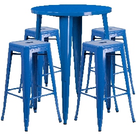 Commercial Grade 30" Round Blue Metal Indoor-Outdoor Bar Table Set with 4 Square Seat Backless Stools