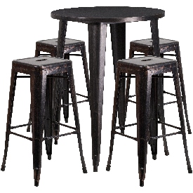 Commercial Grade 30" Round Black-Antique Gold Metal Indoor-Outdoor Bar Table Set with 4 Square Seat Backless Stools