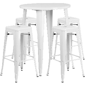 Commercial Grade 30" Round White Metal Indoor-Outdoor Bar Table Set with 4 Square Seat Backless Stools