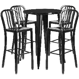 Commercial Grade 30" Round Black Metal Indoor-Outdoor Bar Table Set with 4 Vertical Slat Back Stools, CH-51090BH-4-30VRT-BK-GG