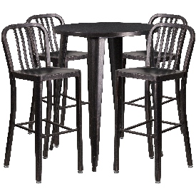 Commercial Grade 30" Round Black-Antique Gold Metal Indoor-Outdoor Bar Table Set with 4 Vertical Slat Back Stools, CH-51090BH-4-30VRT-BQ-GG