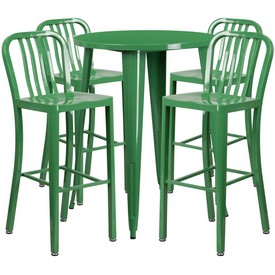 Commercial Grade 30" Round Green Metal Indoor-Outdoor Bar Table Set with 4 Vertical Slat Back Stools, CH-51090BH-4-30VRT-GN-GG