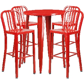 Commercial Grade 30" Round Red Metal Indoor-Outdoor Bar Table Set with 4 Vertical Slat Back Stools, CH-51090BH-4-30VRT-RED-GG
