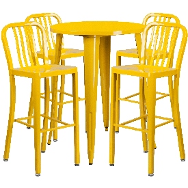 Commercial Grade 30" Round Yellow Metal Indoor-Outdoor Bar Table Set with 4 Vertical Slat Back Stools, CH-51090BH-4-30VRT-YL-GG