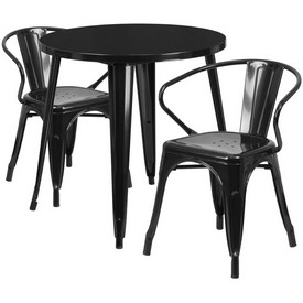 Commercial Grade 30" Round Black Metal Indoor-Outdoor Table Set with 2 Arm Chairs, CH-51090TH-2-18ARM-BK-GG