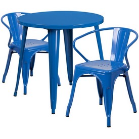 Commercial Grade 30" Round Blue Metal Indoor-Outdoor Table Set with 2 Arm Chairs, CH-51090TH-2-18ARM-BL-GG