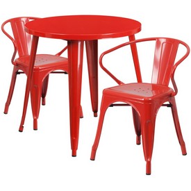 Commercial Grade 30" Round Red Metal Indoor-Outdoor Table Set with 2 Arm Chairs, CH-51090TH-2-18ARM-RED-GG