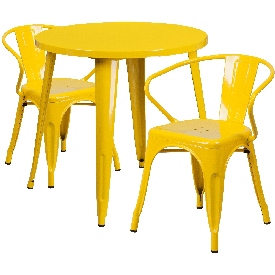 Commercial Grade 30" Round Yellow Metal Indoor-Outdoor Table Set with 2 Arm Chairs, CH-51090TH-2-18ARM-YL-GG