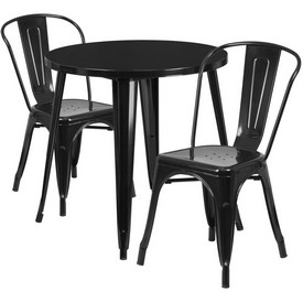Commercial Grade 30" Round Black Metal Indoor-Outdoor Table Set with 2 Cafe Chairs, CH-51090TH-2-18CAFE-BK-GG