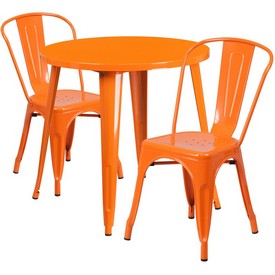 Commercial Grade 30" Round Orange Metal Indoor-Outdoor Table Set with 2 Cafe Chairs, CH-51090TH-2-18CAFE-OR-GG