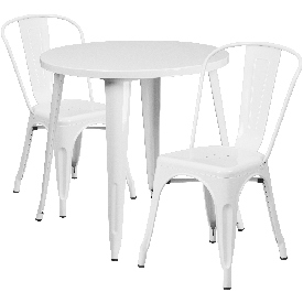Commercial Grade 30" Round White Metal Indoor-Outdoor Table Set with 2 Cafe Chairs, CH-51090TH-2-18CAFE-WH-GG