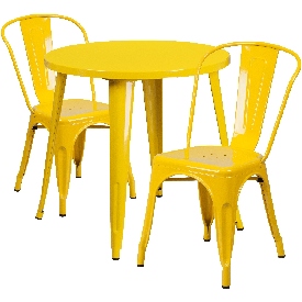 Commercial Grade 30" Round Yellow Metal Indoor-Outdoor Table Set with 2 Cafe Chairs, CH-51090TH-2-18CAFE-YL-GG