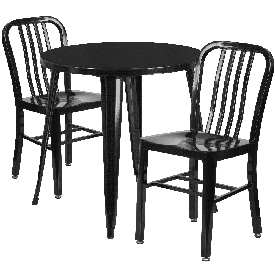 Commercial Grade 30" Round Black Metal Indoor-Outdoor Table Set with 2 Vertical Slat Back Chairs, CH-51090TH-2-18VRT-BK-GG
