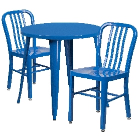 Commercial Grade 30" Round Blue Metal Indoor-Outdoor Table Set with 2 Vertical Slat Back Chairs, CH-51090TH-2-18VRT-BL-GG